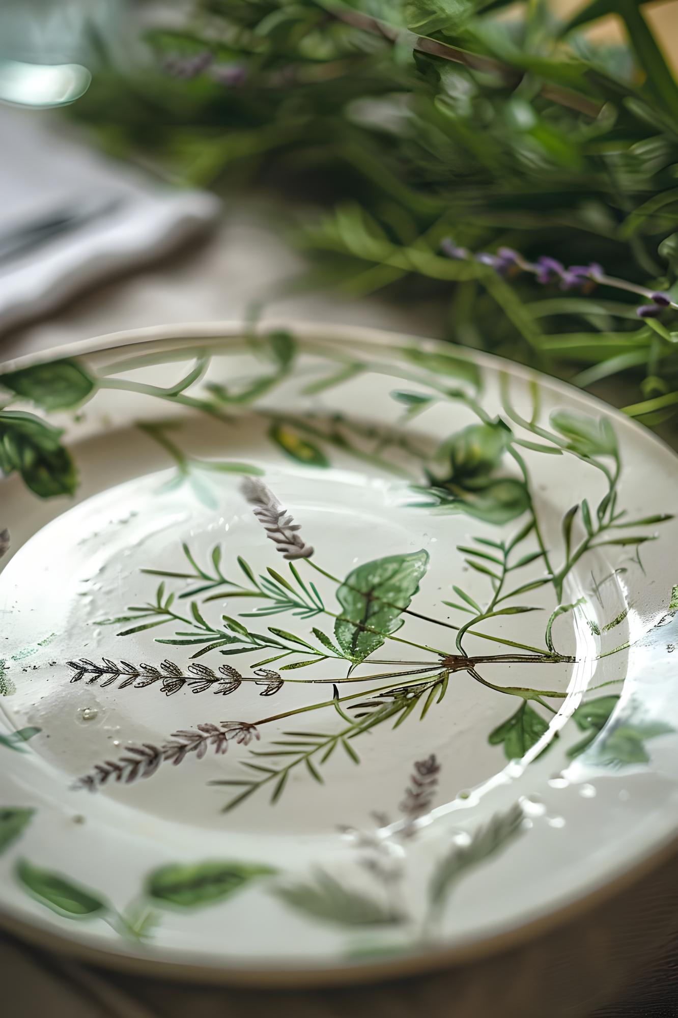 Workshop table with plated dishes and herbs