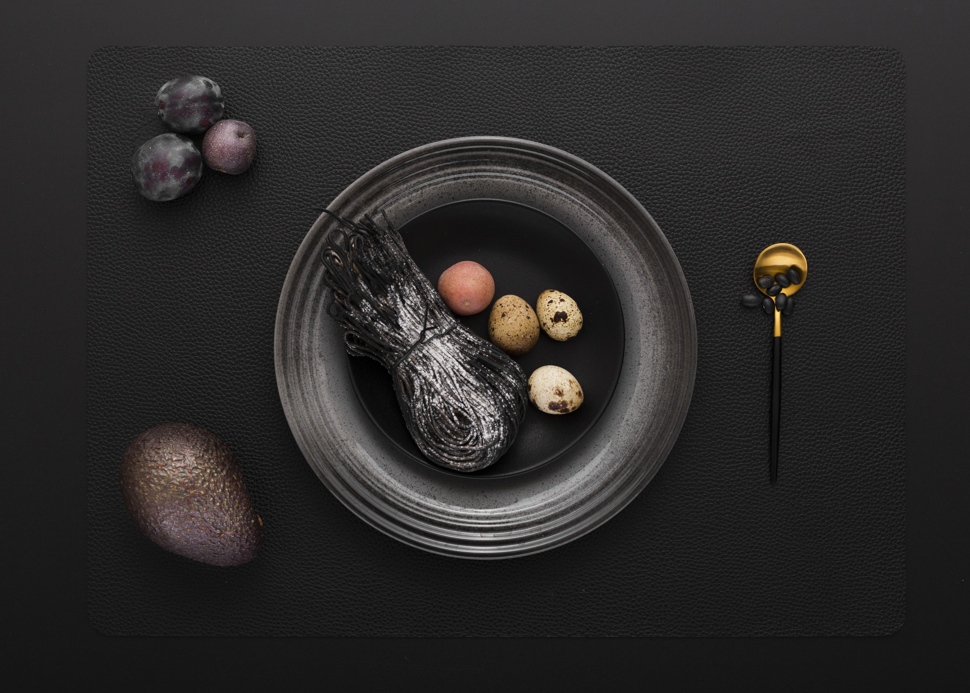 Large plated tasting menu with garnish
